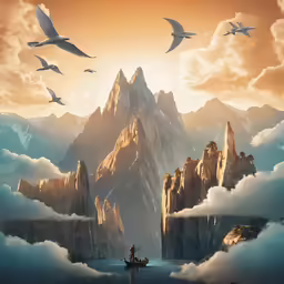 a painting of a man fishing on a lake in a large rocky sea