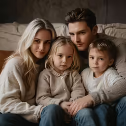 a family that is sitting on top of each other