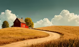an empty dirt road winds through a grass covered hillside