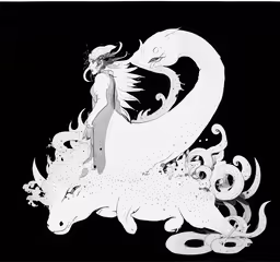 the illustration of a man riding a giant white monster,a white and black ink drawing on a black background of an adult woman holding the tail of a dragon with smaller figures in her left hand