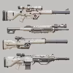 a group of weapons is shown against a gray background
