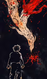 a man is walking towards a strange structure with blood