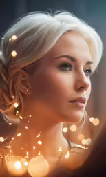 a blonde lady looking at the camera and some fairy lights