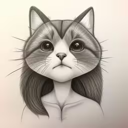 a black and white drawing of a cat with long hair
