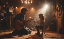 a girl kneeling next to her dad while playing guitar