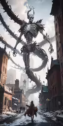 a character walking through a snow covered city