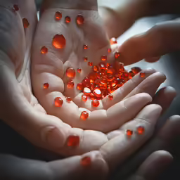 closeup on several hands holding small red beads
