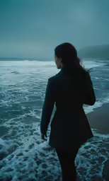 a woman with long hair stands on the shore in front of the water