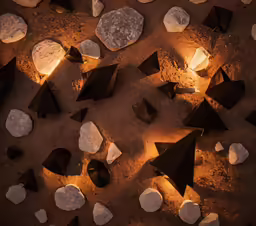 several shapes and shapes sit together on a dirt surface