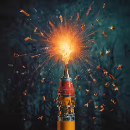 a large orange and red object flying through the air