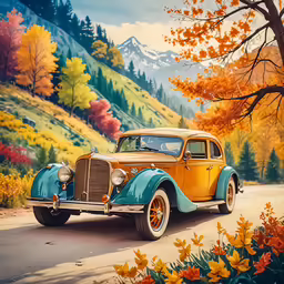 a painting of an old car parked in a hilly area