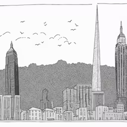 a city view with birds flying over it