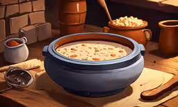 a large bowl filled with lots of food on a table,this is a painting of a bowl of soup with several other cooking pots in the background