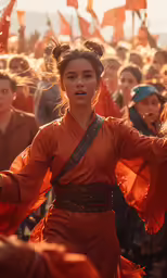 a woman wearing an orange dress and with long hair is dancing