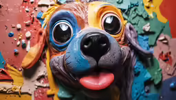 a statue of a dog that looks like it is wearing large blue eyes