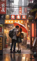 the couple is hugging under an umbrella in the rain
