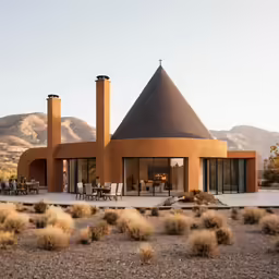a house in the desert with some brown and white houses