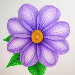 a painting of purple flowers with green leaves,a purple flower with green leaves is painted on paper,an embroidered flower is featured in a painting,a drawing of a purple flower with leaves,an image of a flower drawing with colored pencils