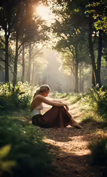 a beautiful woman sitting in the woods with sunlight shining down on her