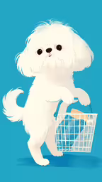 a small white dog is holding a basket,the cute white dog is riding in a cart