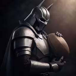 a knights knight is holding a golden helmet