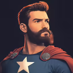 a digital painting of a man in a red cape and a blue t - shirt