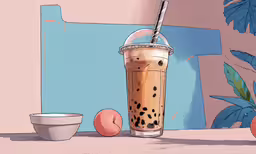 a fruit, coffee and bowl on a table,this is a photograph of a cup with a straw in it