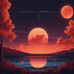 a couple of large pink planets in the sky over a lake,there is a pink and purple photo on the ground