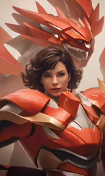 a woman in a futuristic armor poses with two large red and gold figures
