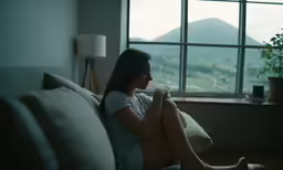 a woman sitting on the couch looking out the window