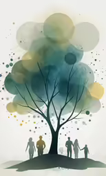 three people are standing in front of a tree, surrounded by bubbles