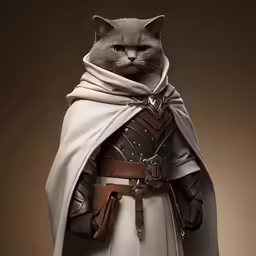 a cat dressed in costume with a cloak and helmet on
